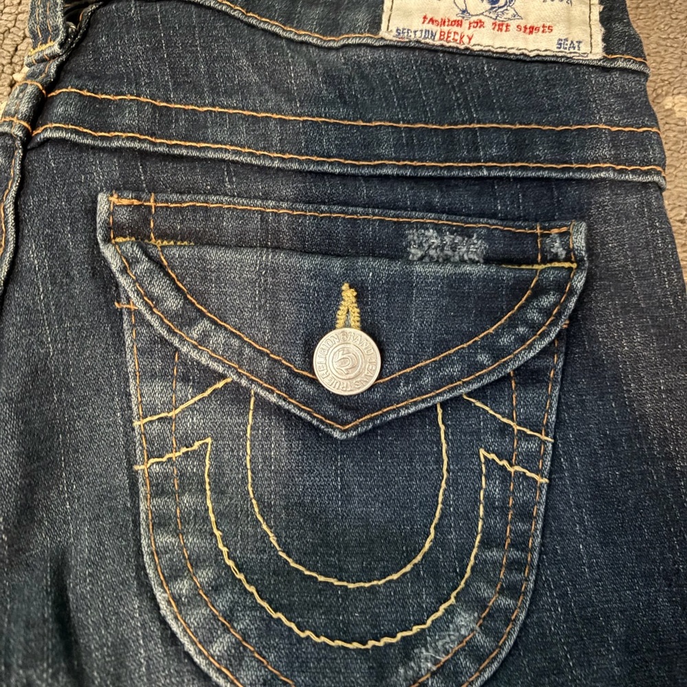 True Religion Dark Blue Boot Cut Jeans with Yellow Contrast Stitching